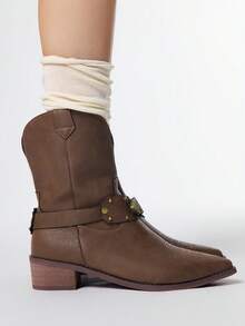 Styleloop 女式深色朋克哥特靴、棕色刺绣西部高筒靴（侧拉链）、厚底牛仔靴、Y2K 系带机车靴、一脚蹬弹性及膝靴、中筒靴 - 棕色 - 查看 4