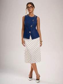 Avantive 时尚通勤金属扣无袖牛仔上衣 - 中等水洗藍 - 查看 6