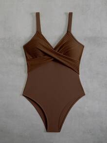 Swim Lushoire 1 件女士条纹特殊面料交叉肩带连体泳衣 - 咖啡棕 - 查看 5