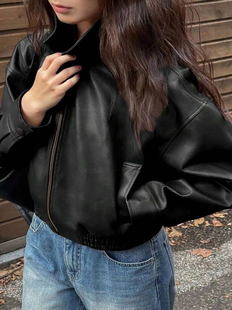 Dazy Plus Spring & Autumn New Vintage Leather Jacket, Short Style, Regular Fit, Plus Size, Suitable For Women Women Coats