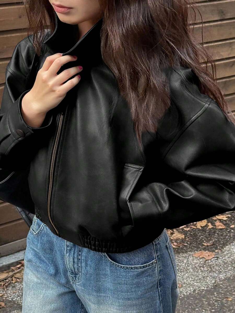 Dazy Plus Spring & Autumn New Vintage Leather Jacket, Short Style, Regular Fit, Plus Size, Suitable For Women Women Coats - Black - View 1