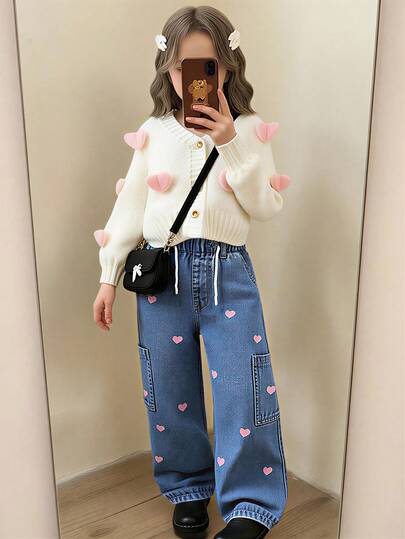 Jeans de pierna recta para niñas, pantalones vaqueros de mezclilla azul casuales para otoño/invierno, estilo lindo y dulce para vacaciones, ajuste relajado, cintura ajustable, adecuado para uso al aire libre, uso diario, viajes, reuniones, nueva llegada para el otoño