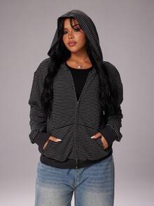 Rustia Whyspr Plus Size Women Slouchy Casual Striped Zip-Up Sweatshirt Ribbed Trim,Black,Autumn,Graduation,Back-To-School,Winter Everyday Wear Hooded Jacket - Multicolor - View 7