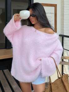 Ritzy Row 2025 女装秋冬新款时尚宽松休闲法式浪漫仿毛针织毛衣 - 粉色 - 查看 8