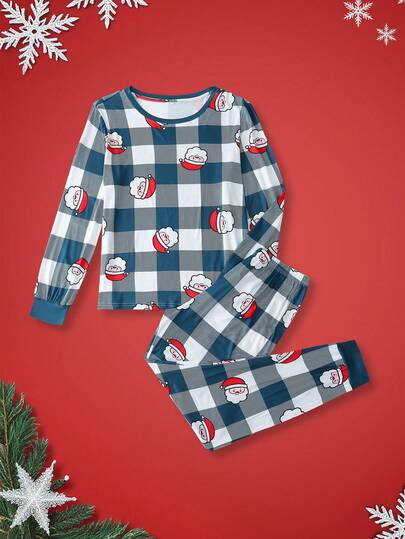 FamilyFrolics 2件套圣诞格子圣诞老人撞色T恤和裤子亲子睡衣套装，女士冬季服装
