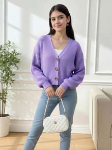 SHEIN Tween Girl Solid Color V-Neck Button Front Long Sleeve Cardigan Fall Winter - Mauve Purple - View 7