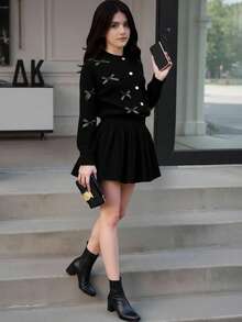 Conjunto de 2 piezas para niña preadolescente con jersey de punto con lazo elegante y falda de punto plisada, atuendo de invierno - Negro - Ver 9