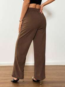 SHEIN PETITE 女式休闲百搭纯色直筒裤 - 咖啡棕 - 查看 2