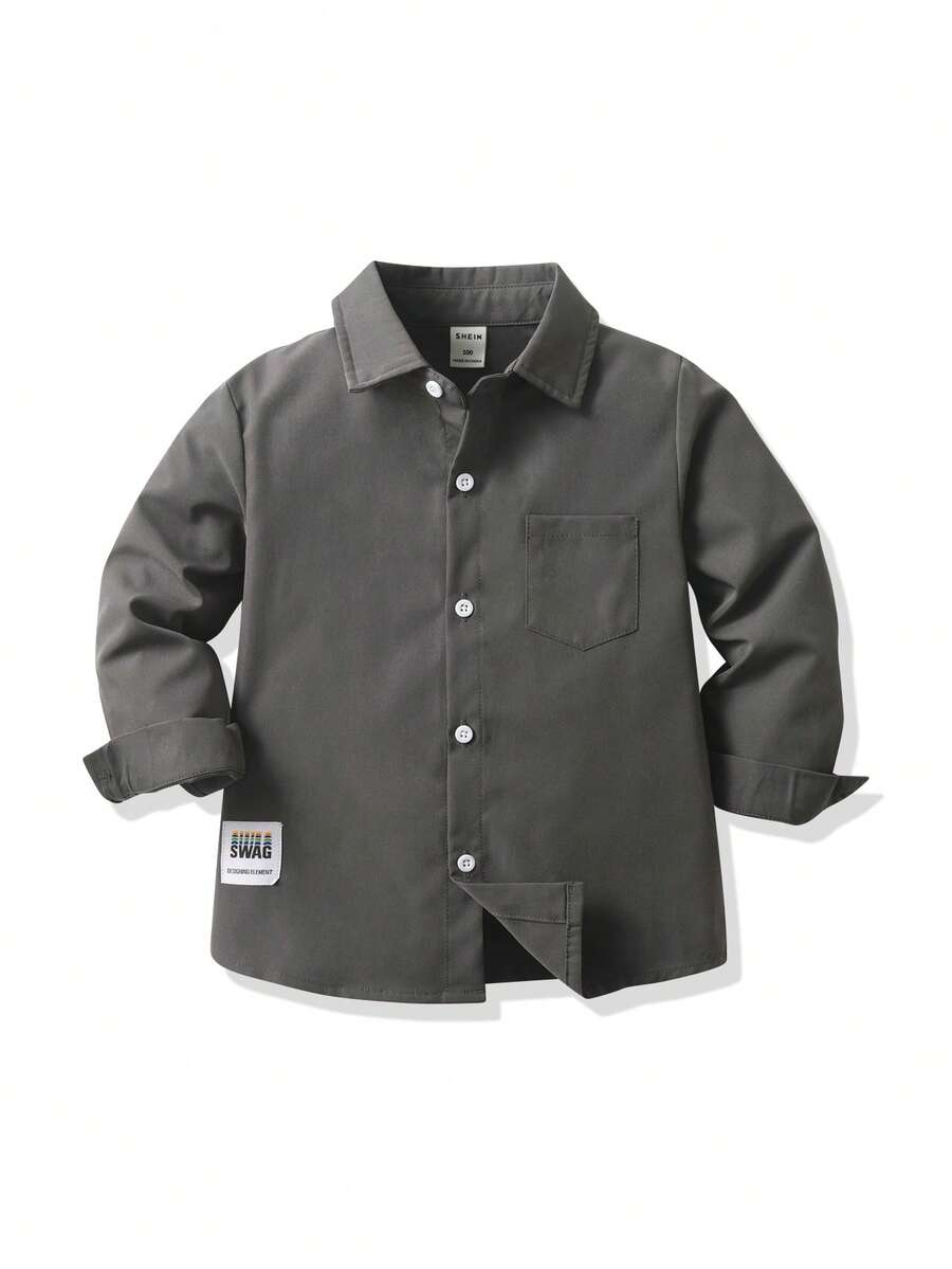 SHEIN Explorewe 小男孩休闲纯色长袖衬衫，精致小标志装饰，搭配休闲裤，适合日常休闲穿着、旅行、聚会、度假和上学，适合春秋季节的百搭衬衫。 - 深灰色 - 查看 1