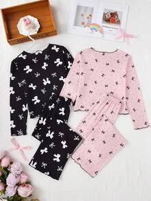 Bộ đồ ngủ 4 món cổ tròn in nơ tay dài và quần dài cho bé gái tuổi teen, Xuân/Thu - Nhiều màu - Xem 2