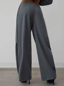 Hauture Women's Sexy Casual Office Wide Leg Side Pleated Business Trousers Pants - Grey - View 4