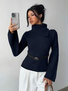 Elenzga Khaki Elegant Flared Sleeve Niche Design Collar, Paired With Brown Metal Fashionable Belt, Women Sweater For Autumn/Winter - Blue - View 4