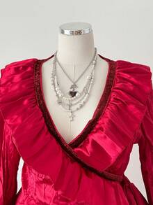 Sunspun Große Größen Satin Rüschen Saum Patchwork Langarm Hemd - Rot - Übersicht 6