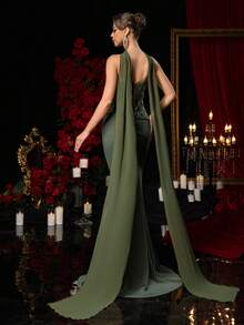 Glamrae Elegant Luxurious Contrast Sequin Lace Patchwork Satin Maxi Dress, Suitable For Wedding, Party, Honeymoon, Formal Occasions, Valentine's Day - Dark Green - View 4