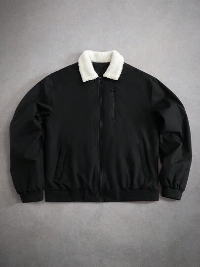 Manfinity Roghcode Men's Casual Plush Collar Zip-Up Padded Coat Baseball Jacket, Shearling Collar Vintage Jacket, Black, Winter