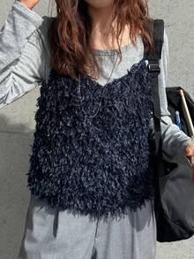 FRIFUL Áo hai dây vải mềm màu be trơn nhiều lớp ôm vừa vặn cho nữ, đa năng cho trang phục thường ngày khi đi du lịch sân bay, mùa thu - Màu xanh hải quân - Xem 5