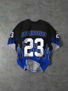 Y2K Style 23 Blue Flame Graphic Casual Sports Short Sleeve Crew Neck T-Shirt, Suitable For Summer - Multicolor - View 2