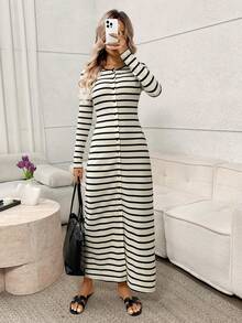 圆领前扣高开衩腰直筒长袖修身连衣裙，纹理条纹面料 - 彩色 - 查看 3