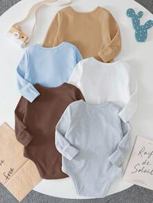 SHEIN 5pcs Baby Boys  Graphic High Elastic, Loose Fit, Thermal Lined, Soft & Comfy, Cartoon Bear & Dog Animal Print Pattern, Long Sleeve, Snap-Up Design Bodysuits Graphic Cartoon - Multicolor - View 2