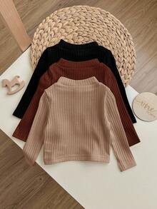 3pcs/Set Baby Girl Cute Solid Color Elastic Long Sleeve Knit Base Layer Tops, Autumn/Winter - Multicolor - View 2
