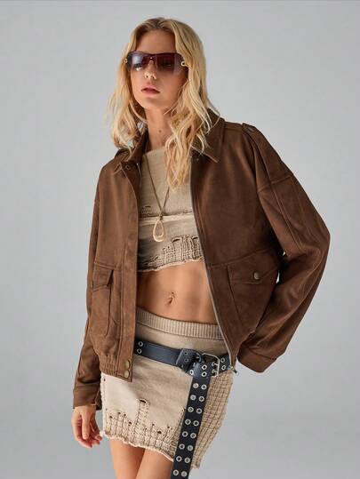 SHEIN TRNDY 1 pieza Chaqueta marrón para mujer, casual con cierre de cremallera, bolsillos delanteros, manga larga y corte holgado, versátil para otoño/invierno