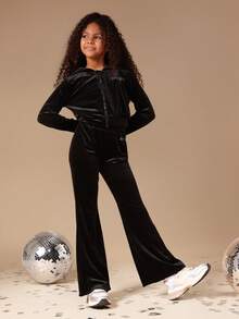 SUMWON 秋冬款女童天鹅绒连帽卫衣套装，带蝴蝶钻石细节连帽 - 黑色 - 查看 2