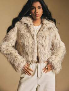 Poéselle 女士优雅短款人造毛皮大衣，长袖 - 棕色 - 查看 8