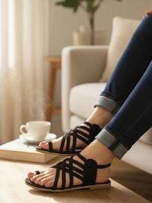 Sandalia de piso sujetador dedo con tacón bajo Buy style Tiras - Negro - Ver 8