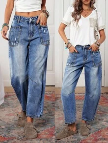 SHEIN PETITE Women's Casual Washed Flared Leg Jeans - Blue - View 7