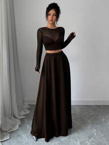 SHEIN Unity 2 件女式网眼拼布 T 恤和长裙套装，极简性感装扮，适合度假、情人节、音乐节、返校、日常穿着、春夏季，长袖 - 咖啡棕 - 查看 3