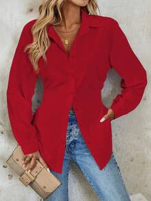 Uhlyne 女士优雅度假纯色收腰长袖衬衫新年衣服 - 紅色 - 查看 3