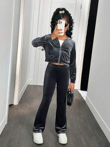 SHEIN 青少年女孩天鹅绒水钻拉链连帽衫上衣和修身喇叭裤休闲优雅两件套 - 灰色 - 查看 6