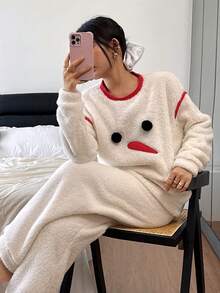 SHEIN 3D Snowman Embroidered Cozy Women Long Sleeve Pajama Set, Fluffy Winter Clothes - Beige - View 4