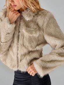 TRNVIE 1pc Women's Jacket, Apricot Color Contrast Faux Fur Zipper Pockets Waist Cinched Casual Outdoor Winter Coat - Apricot - View 7