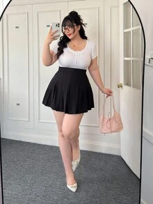 CovetEZ Plus Size Women Summer Casual Commuting Simple Versatile College Style Solid Color High Waist Pleated Short Skirt - Black - View 5