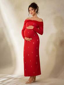 Cheriluna Maternity Váy chụp ảnh bầu, váy dài tay trễ vai ôm sát, lưới nhiều lớp, nơ và trang trí ngọc trai - Đỏ - Xem 3