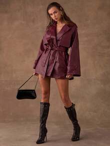SHEIN BAE Women's Autumn/Winter Leather Belted Trench Coat In Solid Red The Perfect Choice For Commuting And Everyday Wear. This Red Leather Trench Coat Is An Elegant Outerwear Piece - Burgundy - View 1