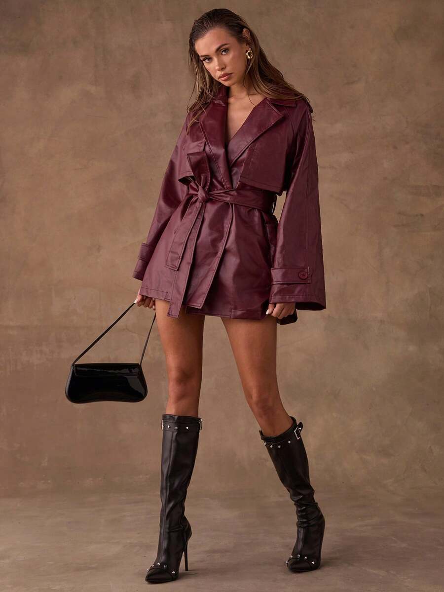 SHEIN BAE Women's Autumn/Winter Leather Belted Trench Coat In Solid Red The Perfect Choice For Commuting And Everyday Wear. This Red Leather Trench Coat Is An Elegant Outerwear Piece - Burgundy - View 1