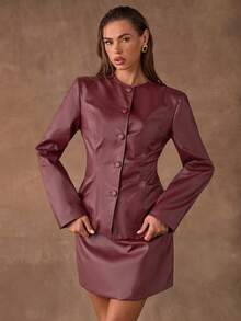 SHEIN BAE Ensemble tailleur femme composé d'un blazer à manches longues avec boutons devant et d'une jupe crayon de couleur unie - Rouge foncé - Voir 3