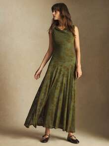 BizChic Olive Green,Summer,Retro,Tea Party Flocked Jacquard Open Shoulder Ruffle Hem Dress,Vintage Chic Elegant Casual Wedding Guest Party Outfit - Army Green - View 3
