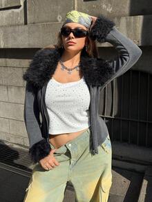 Muchica Plus Size Women's Black Textured Snow Flake Design High Collar Casual T-Shirt, Suitable For Outdoor Leisure Designs Of Oversized Clothing Using Water Washing Technology. A Cozy And Stylish Oversized Cardigan For Curvy Ladies, And An Oversized Casual Coat For Women. Cool Fur Collar