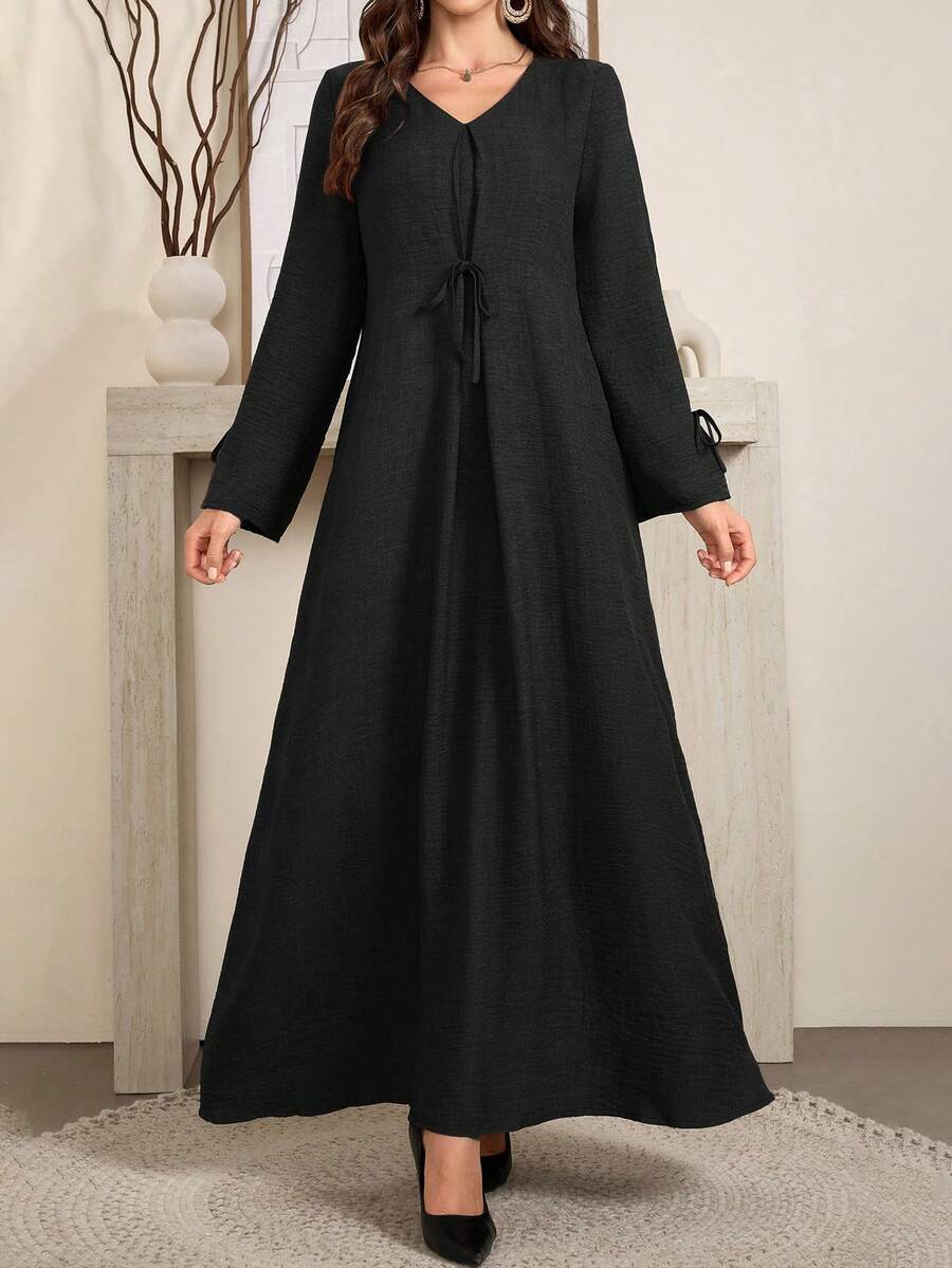 Al Najma 女士优雅宽松舒适蝴蝶结竹结亚麻长裙女装 - 黑色 - 查看 1