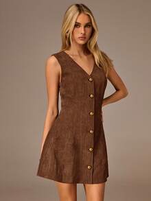 SHEIN Forever 21 Women's Solid Color V-Neck Single-Breasted Casual Sleeveless Mini Dress - Rust Brown - View 8