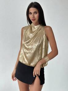 Firerie Blusa asimétrica plisada de oro elegante y de moda para uso diario, oficina, vacaciones y festivales musicales - Dorado - Ver 5