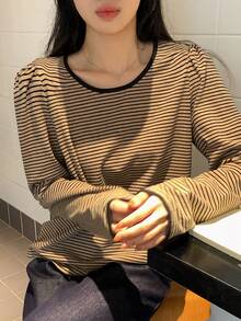 DAZY 女式条纹圆领系带休闲长袖 T 恤 - 咖啡棕 - 查看 2