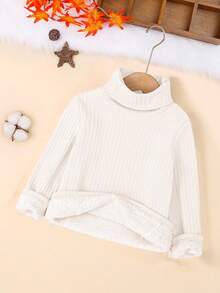 SHEIN 女婴舒适罗纹针织保暖高领长袖T恤，优雅基础款秋冬T恤