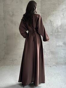 Firerie Women's New Elegant Romantic Casual Urban Commute Elegant Fashion Versatile Coffee Brown Round Neck Batwing Long Sleeve Tie-Waist X-Shaped Regular Fit A-Line Dress, Teacher Outfit, Autumn Styling, Autumn/Winter Womenswear, Brown Dress - Coffee Brown - View 6