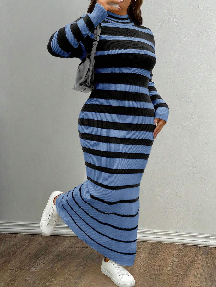 Flirla Vestido de punto de cuello alto, manga larga y ajustado con rayas para mujer de talla grande, otoño/invierno