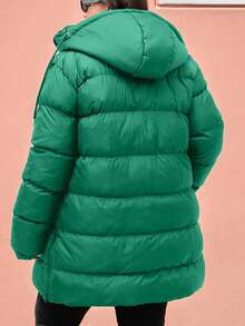 EURMUSE Plus Size Zip Up Drawstring Hooded Padded Coat - Dark Green - View 2