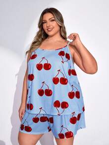 SHEIN CURVE+ Extra Large Women's Cherry Printed Pajama Set, Daily, Suitable For Valentine's Daybeach Outfits For Woman/Beach Dress/Beach Vacation Outfits/Beach Essentials / Graduation/Tea Party Dress - Baby Blue - View 3